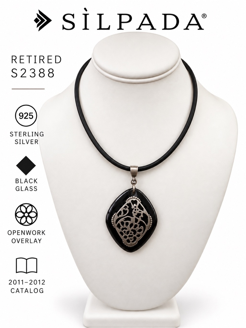 Silpada S2388 Black Glass Sterling Silver Pendant Necklace Retired